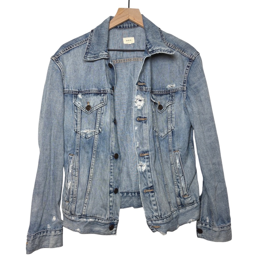 ABLE Womens Merly Denim Jacket Medium Wash Blue Distressed Medium